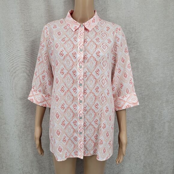 Chico's Linen Blouse White with Coral Geometric Patterned Women's Top NEW - Picture 1 of 12